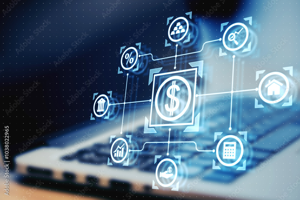 Poster Digital dollar and finance-related icons hovering over a laptop keyboard in a virtual interface, technology concept.