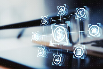 Digital icons of financial data and dollar symbols on a virtual network interface, double exposure background.