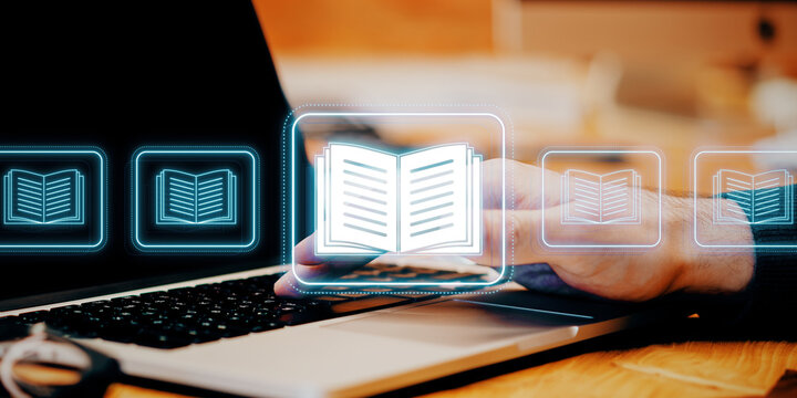 Digital library interface with ebook icons floating over a laptop keyboard.