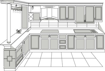 Vector sketch illustration of the silhouette of the interior design of a modern classic vintage home kitchen set