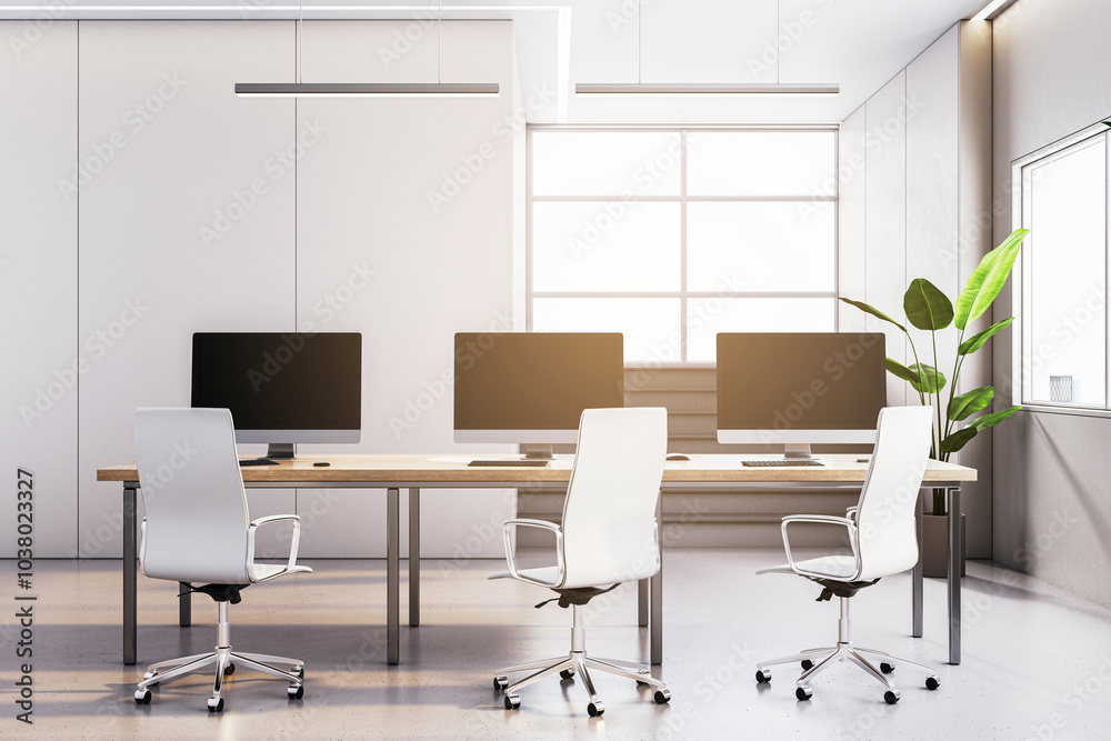 Poster modern office interior with computers and chairs. 3d rendering