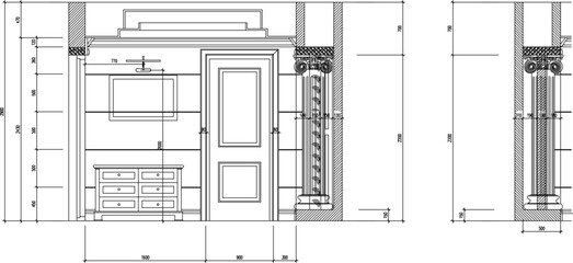 Vector sketch illustration of the silhouette of a classic vintage European Roman Greek house interior design