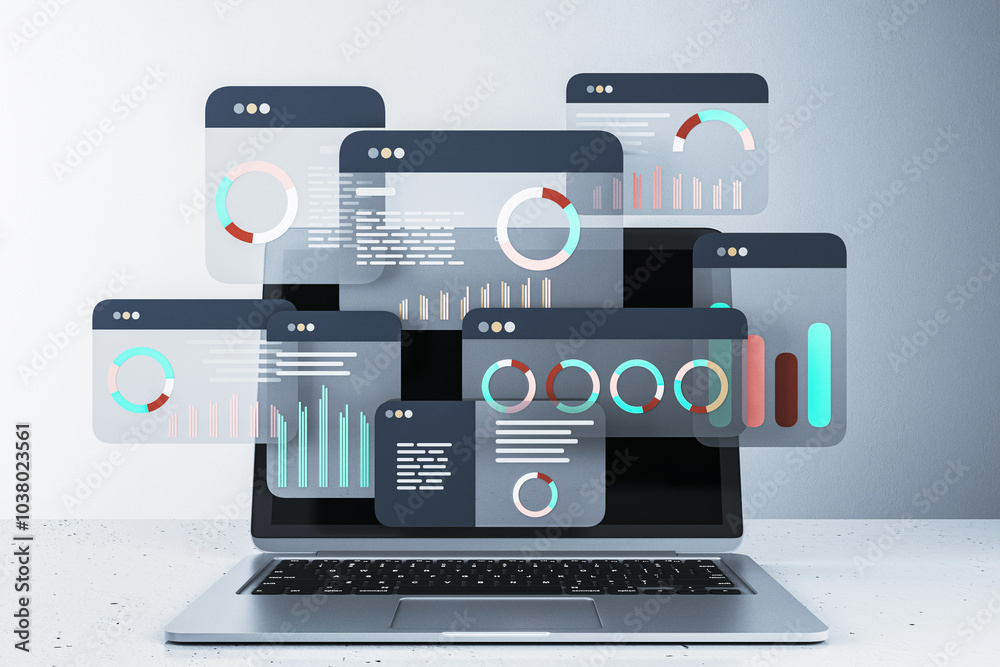 Poster Digital financial data analysis interface with graphs and charts displayed on a laptop screen. 3D Rendering
