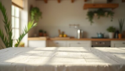 Empty white table and blurred kitchen interior background