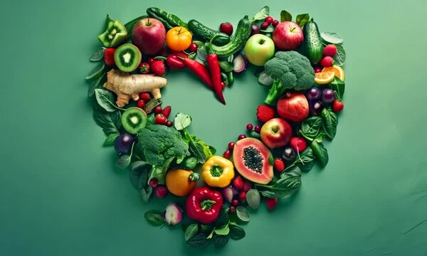 Healthy food theme background, with a love shape for fruit and vegetable foods, with a space for text area, flat from the top