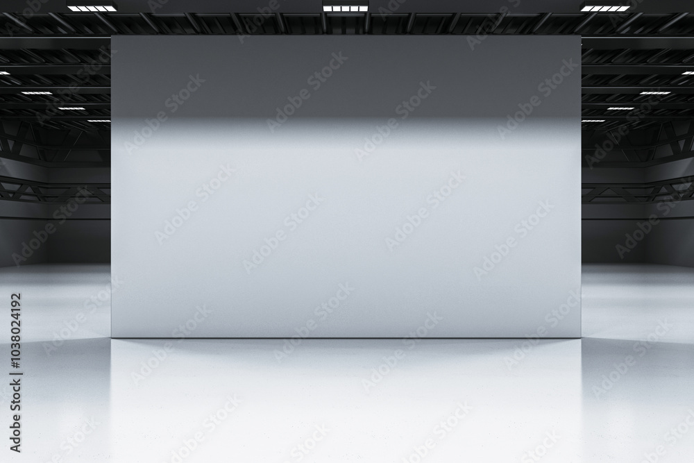 Poster large empty hangar interior with blank wall and concrete floor. 3d rendering