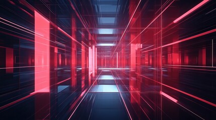 Abstract digital corridor with glowing red and blue lines creating a futuristic atmosphere.