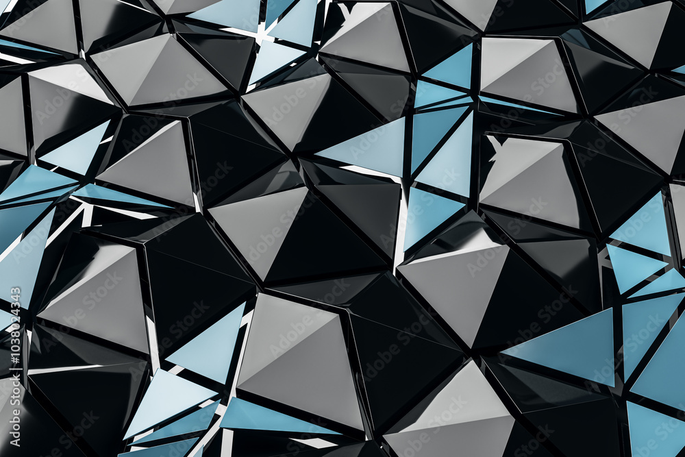 Poster Abstract geometric triangular shapes with a reflective surface. 3D Rendering