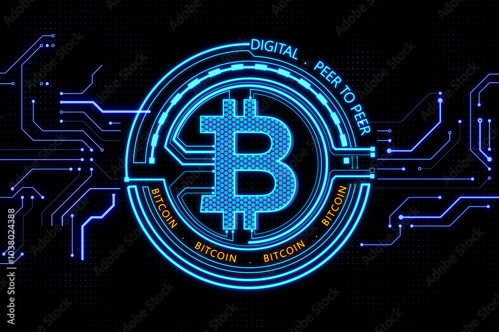 Aufkleber Peer to peer and crypto currency concept with front view on digital blue bitcoin icon with circuit on dark background. 3D rendering