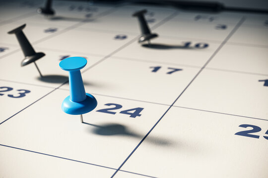 Closeup of calendar with colored pins. 3D Rendering