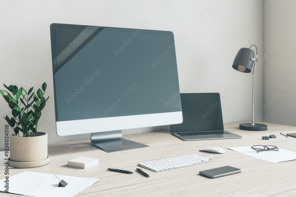Poster side view on blank dark modern computer monitor with space for your logo or text in sunny home offic