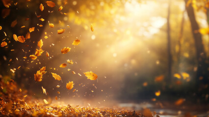 Naklejka premium Golden Autumn - Sunlit Leaves Dancing in Nature Embrace