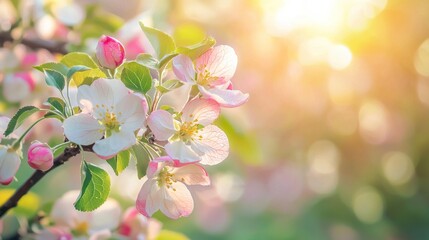 Fototapeta premium Branch of vibrant pink and white apple blossoms with soft sunlight filtering through