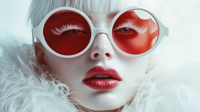 Close-up of a model wearing red sunglasses with matching bold lips and white fur, showcasing avant-garde fashion style.