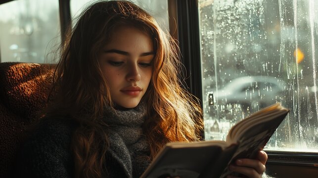 Young woman reading a book by a rain-streaked window on a serene day, showcasing calm and introspective moments.