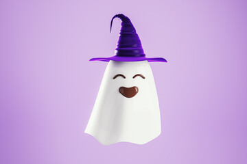Cute ghost wearing a purple witch hat on a light purple background. 3D Rendering