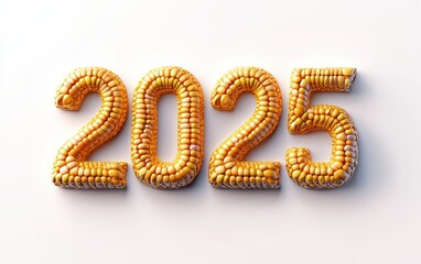 3D text "2025" with corn texture realistic modern design, soft lighting, white background 