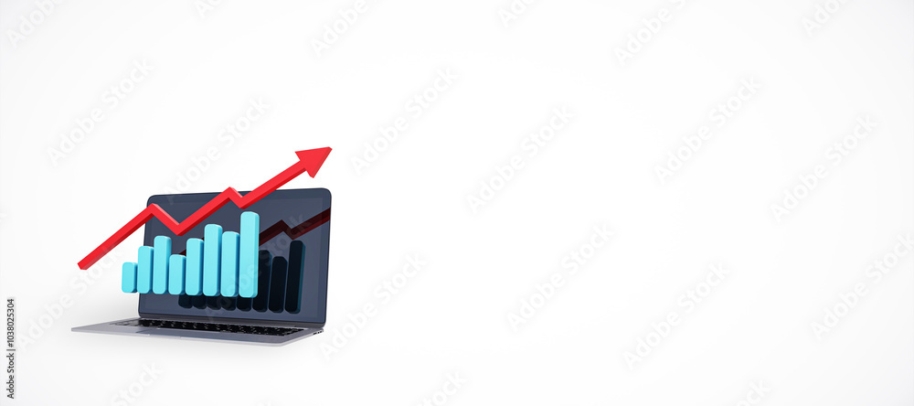 Poster laptop with financial chart and red upward arrow symbolizing growth on a white background. 3d render