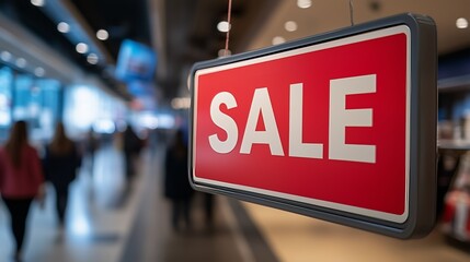 Close-up of a red sale sign in a busy shopping mall, with blurred shoppers in the background indicating retail activity.