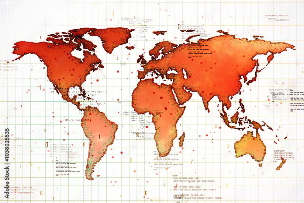 Aufkleber World map with digital data overlay on a grid background. 3D Rendering
