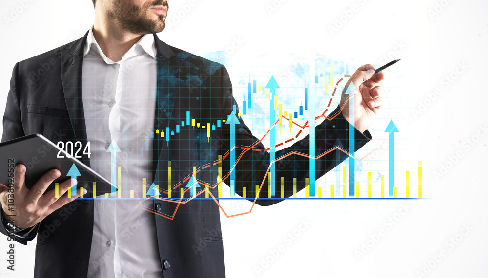 Poster businessman with tablet analyzing financial charts and data with upward trend on a white background.