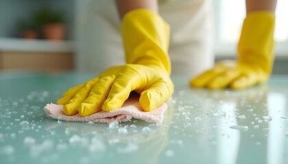 People hands in yellow gloves cleaning the kitchen