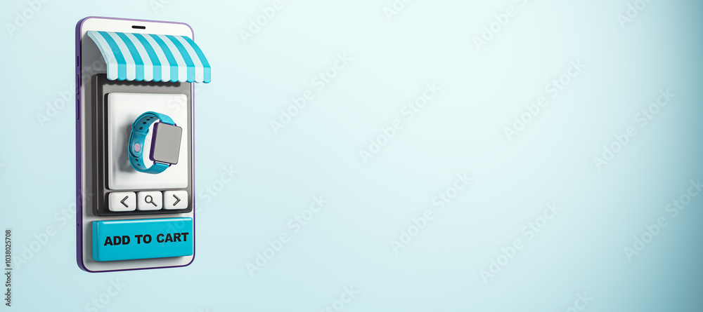 Poster smartphone with online shop interface selling a smartwatch. 3d rendering