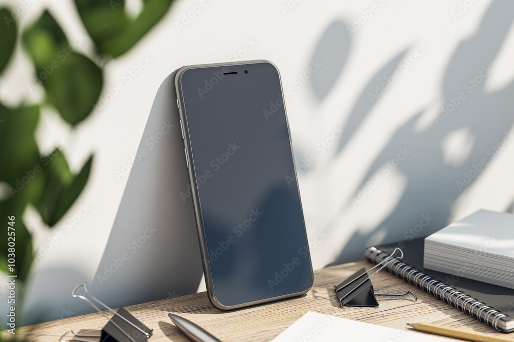 Poster perspective view on modern smartphone blank black screen with copyspace for your text or logo on woo