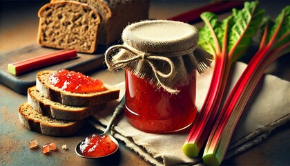 A jar of fresh rhubarb jam next to slices of whole-grain bread