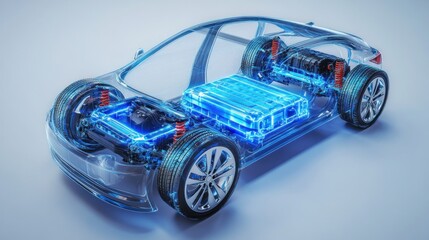 Transparent electric car model showcasing internal components like battery and motors.