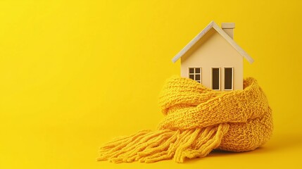 Small house model wrapped in a yellow knitted scarf, symbolizing warmth and home energy efficiency.