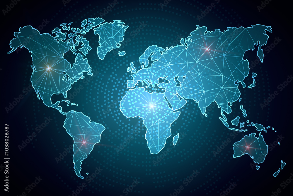 Aufkleber Front view on digital graphic glowing world map with dots connected by lines on abstract dark blue background, design template. 3D rendering