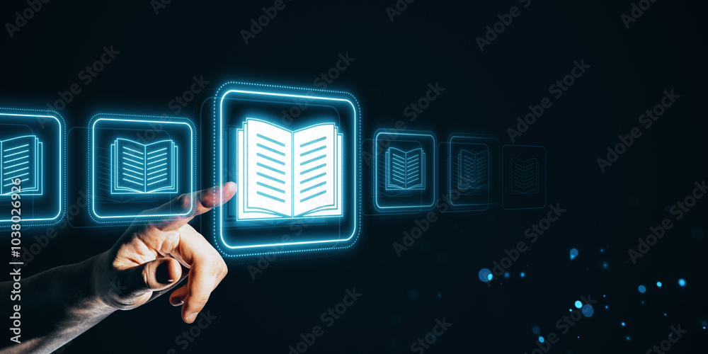 Poster hand selecting a digital book from a holographic virtual library interface on a dark background.