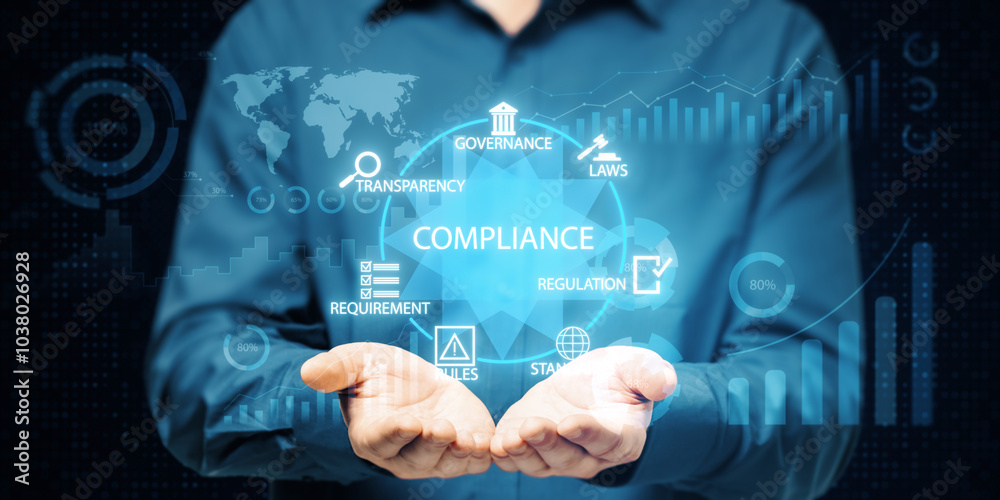 Poster man holding digital compliance interface with governance, transparency, and regulation icons floatin