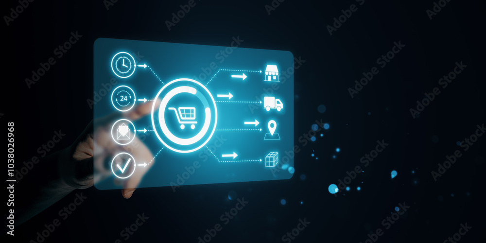Poster Hand interacting with virtual shopping interface displaying icons related to online shopping services and delivery.
