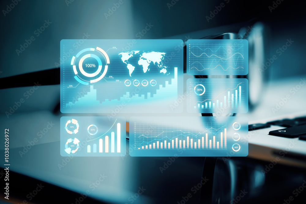 Aufkleber Digital business data interface with graphs and charts over blurred laptop background, concept of technology and analytics.