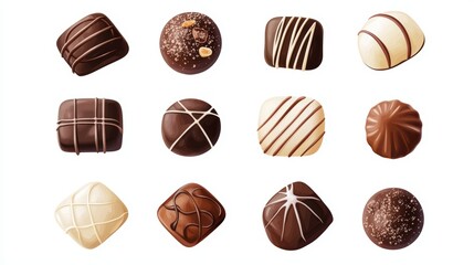 Assorted gourmet chocolate candies, white background