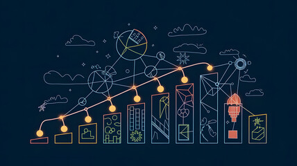 Abstract glowing lines connecting different sectors of a bar chart, symbolizing interconnected business ecosystems. ( Business Concept )