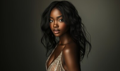 Naklejka premium Elegant Portrait of a Woman With Long Hair in a Shimmering Top Against a Dark Background