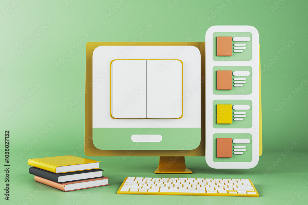 Aufkleber online education concept with books and digital interface on green background. 3d rendering