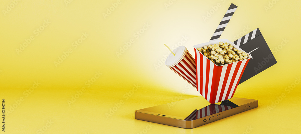 Aufkleber movie elements emerging from smartphone on yellow background. 3d rendering