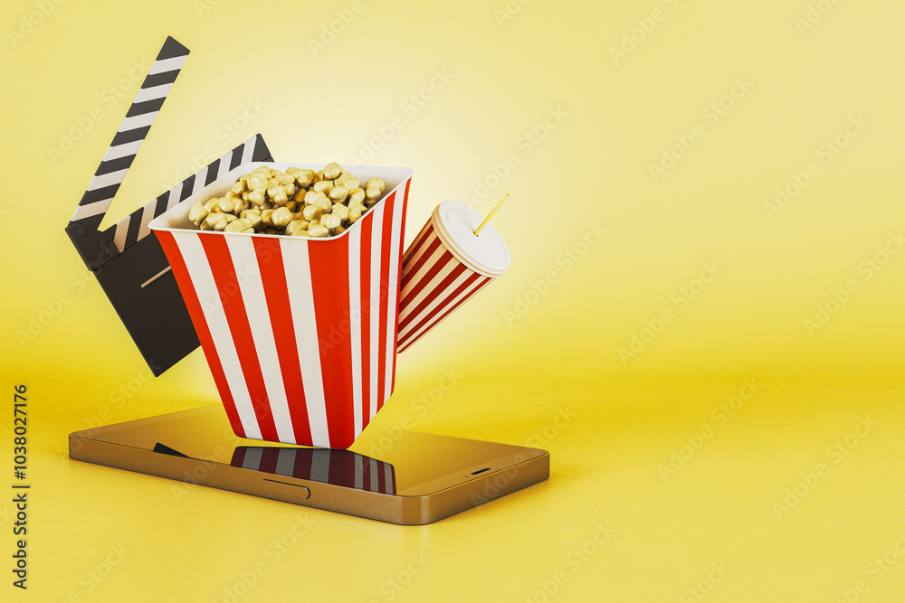 Poster popcorn, drink, and clapperboard on a smartphone. 3d rendering
