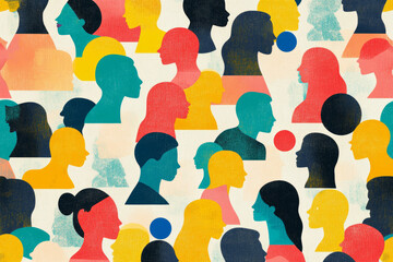 Colorful silhouettes representing diverse human faces in a vibrant arrangement on a textured background