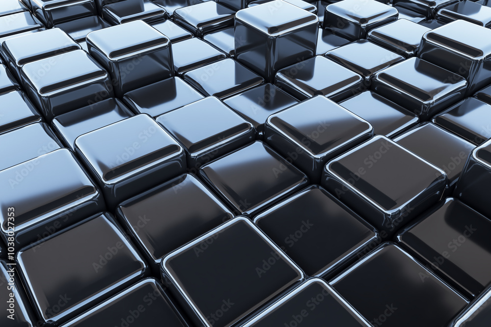 Poster Abstract metal dark color smooth cubes with reflection background. 3D rendering