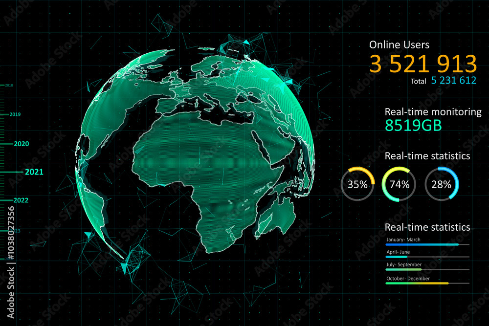 Poster Network connection and global data concept with green digital world map globe on dark technological background with real time statistics indicators. 3D rendering