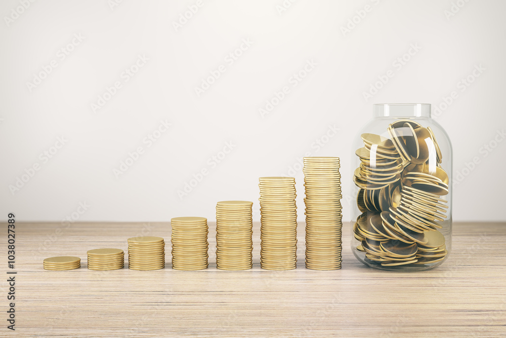 Aufkleber savings and investing concept with growing up row of golden coin stacks and glass jar filled with go