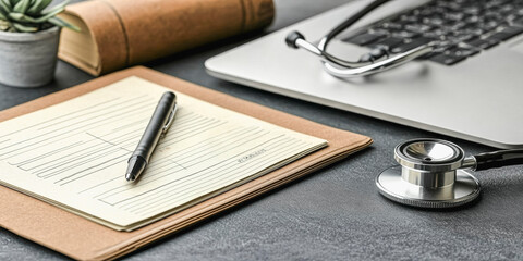 Healthcare professional's workspace with laptop and medical tools for modern office environment