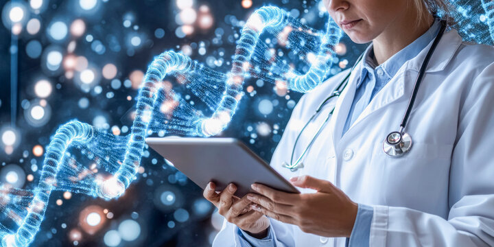 Healthcare innovation: doctor analyzing dna data on tablet