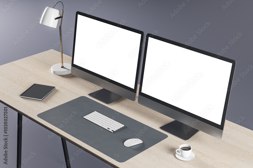 Aufkleber perspective view on blank white modern computer monitors with place for your logo or text on wooden 