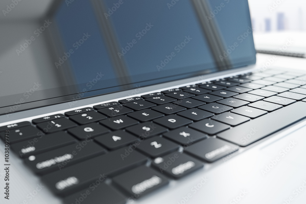 Fototapete Close up of modern black laptop keyboard and screen with window reflection. 3D rendering